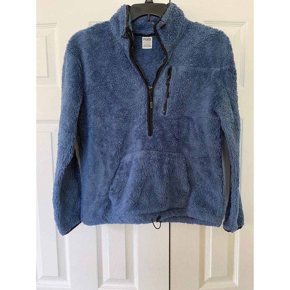 PINK Victoria's Secret Fleece Pullover Women XS Blue Sherpa Quarter Zip Hoodie
